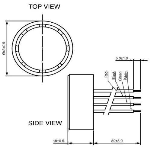 IP432912-3, cicalino piezo 6~28Vdc, 2,9KHz, Ø 43 mm, terminali a filo